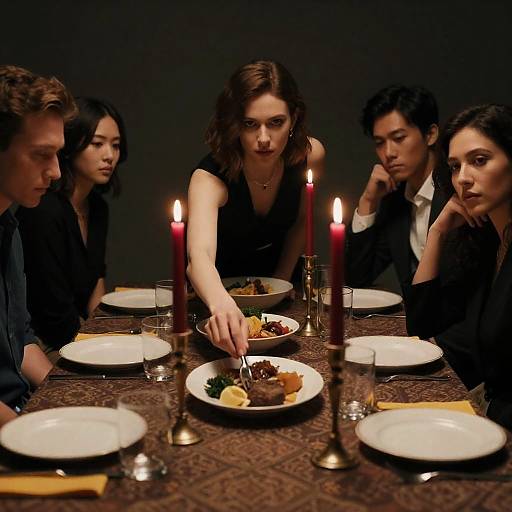 Intense Dinner Scene with Dramatic Lighting
