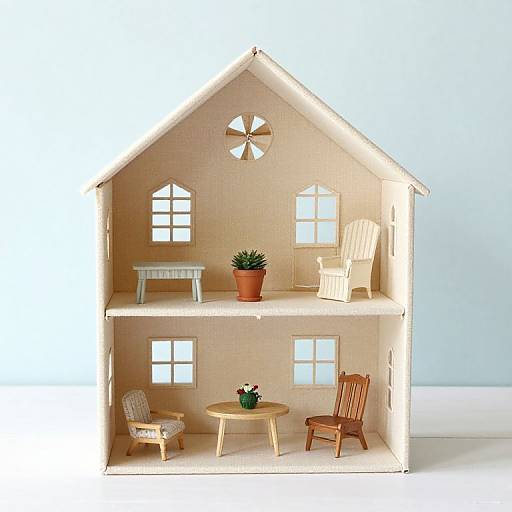 Photograph of a wooden, two-story dollhouse with a small potted plant, white table, wooden chairs, and a round table on the ground