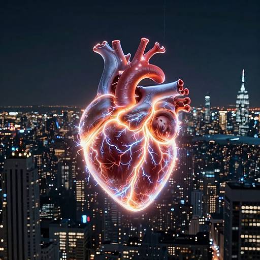 Digital artwork of a glowing, lightning-encrusted human heart floating above a nighttime cityscape with illuminated skyscrapers.