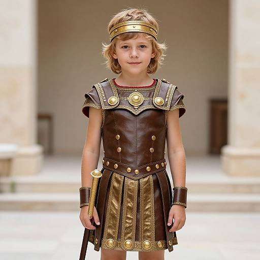 Photograph of a young blonde boy in ancient Roman-style armor, including a leather tunic, gold accents, headband, and metal bracelets, standing