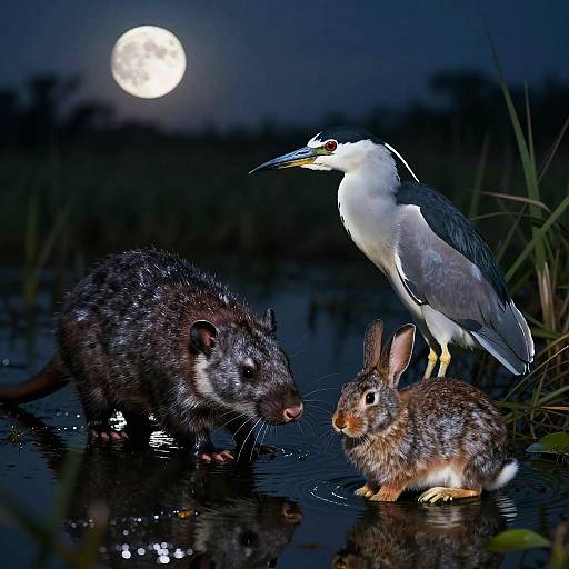 Photograph of a moonlit night scene with a white egret standing on water, a wet raccoon, and a brown rabbit, all reflected in the