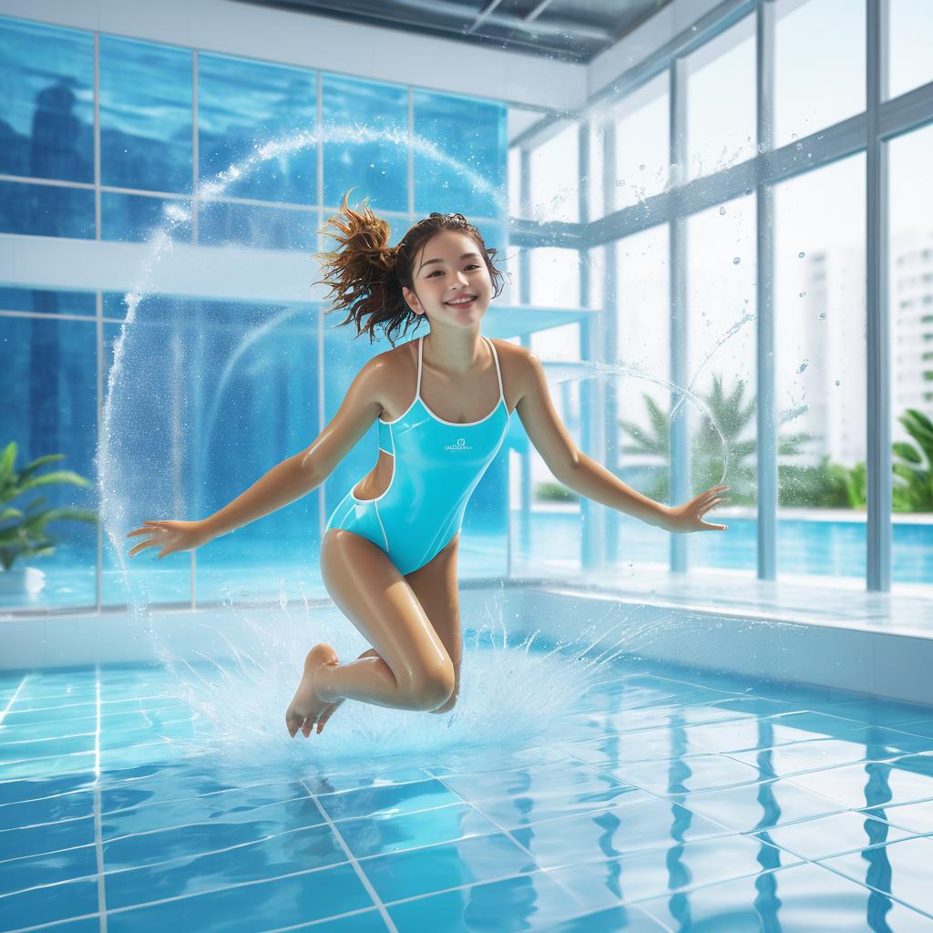 Joyful Teen Splashing in Indoor Pool