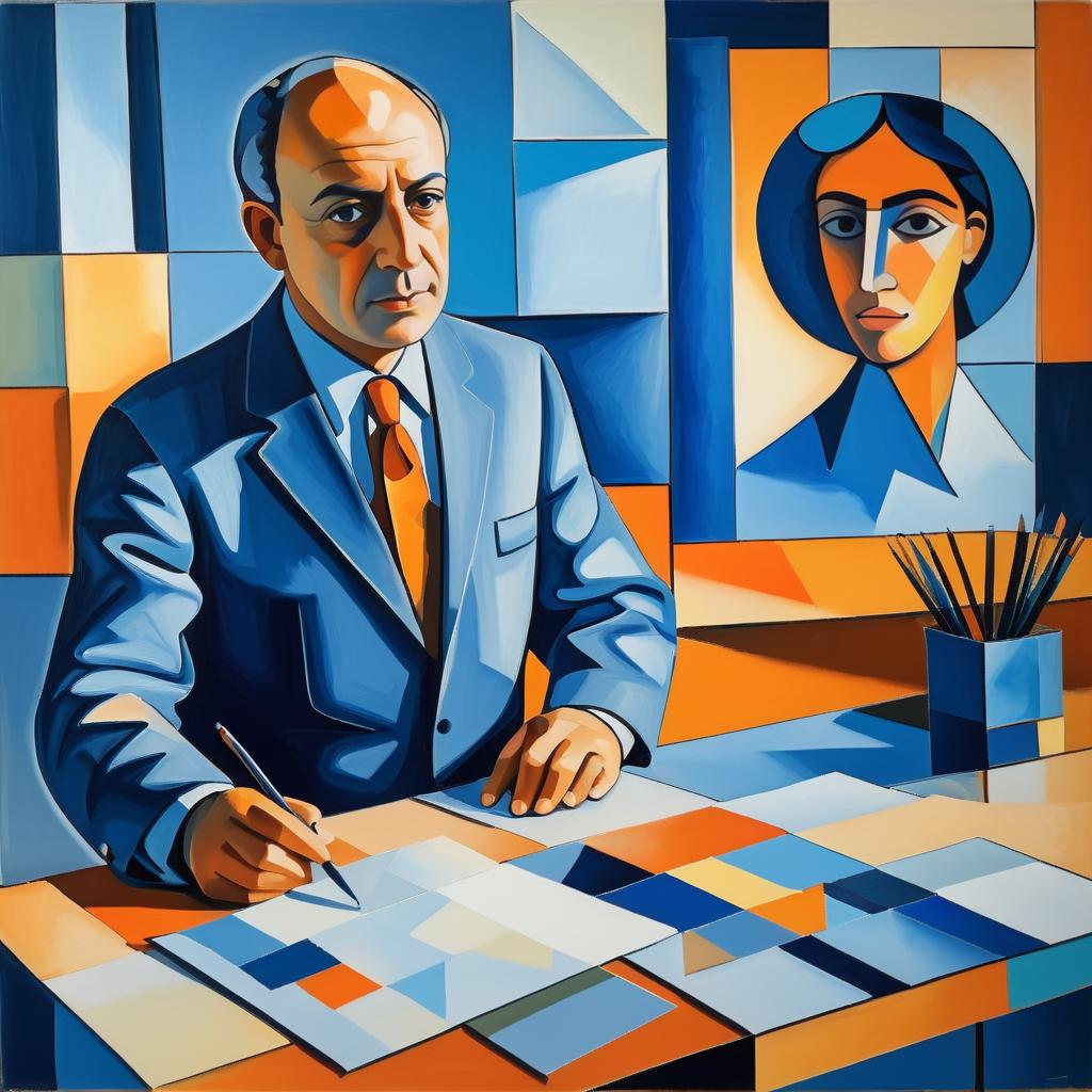 Cubist Oil Painting of Journalists in Discussion