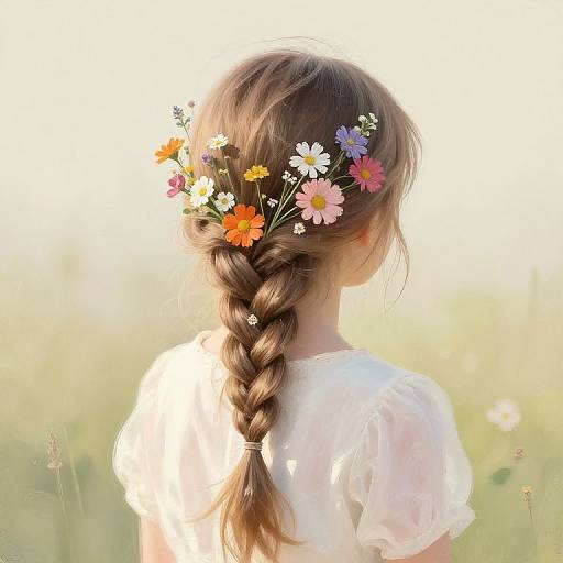 Photograph of a young girl with a braided brown ponytail, wearing a white blouse, adorned with a colorful flower crown, standing in a sun