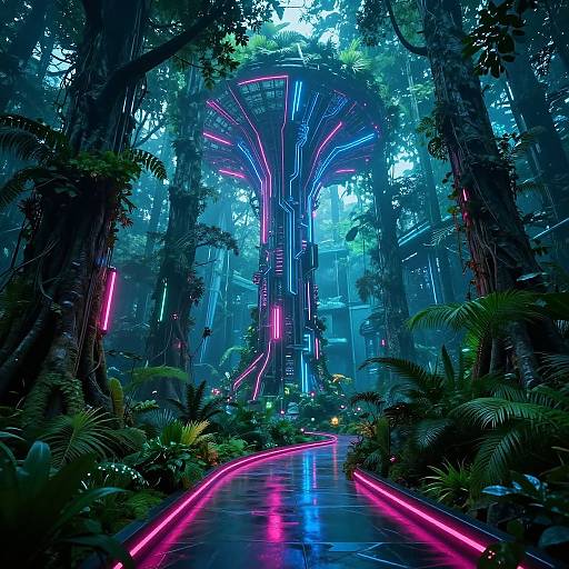 Digital art of a neon-lit, futuristic forest path with glowing pink and blue lights, surrounded by lush green ferns and towering trees.