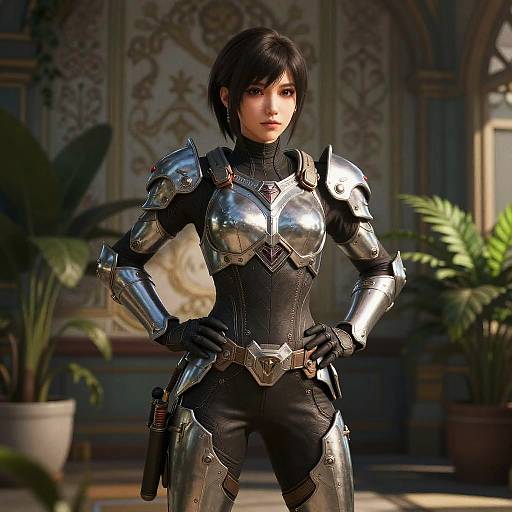 Digital art of a confident, Asian woman with short black hair, wearing shiny silver armor with black accents, standing in an ornate, sunlit room