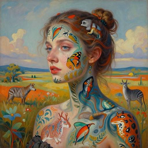 Digital painting of a woman with vibrant, nature-themed tattoos on her face and shoulders, set against a colorful savanna landscape with zebras and wildflowers