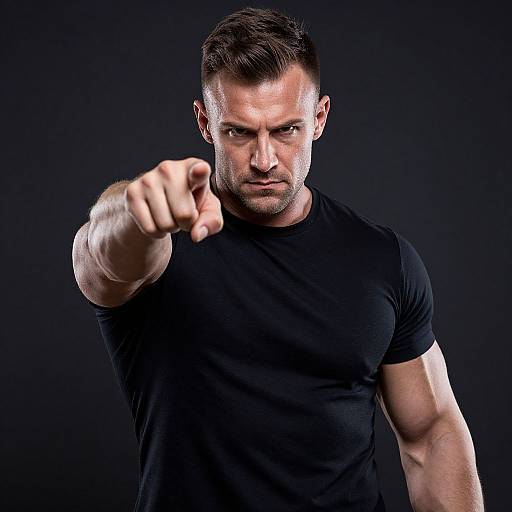 Muscular Man Pointing with Intense Gaze