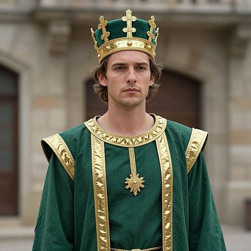 Photograph of a young white man with brown hair wearing a green velvet robe and gold-embellished crown, standing in front of a stone building