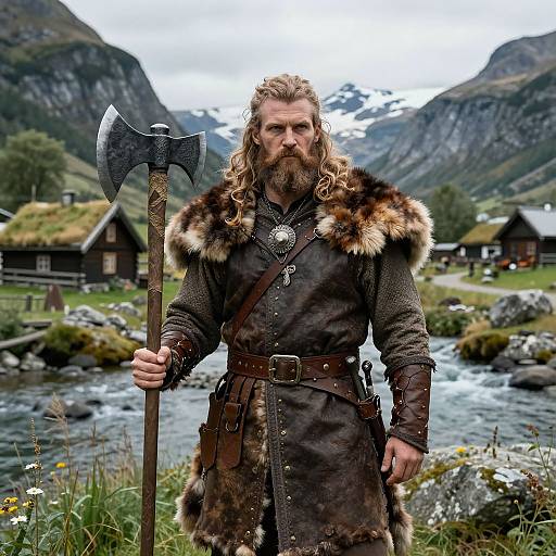 Photograph of a bearded Viking warrior with long blonde hair, fur-lined tunic, and axe, standing in a mountainous, grassy landscape