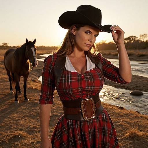 Photograph of a woman in a red plaid dress with white collar, black cowboy hat, and wide brown belt, standing by a river at sunset