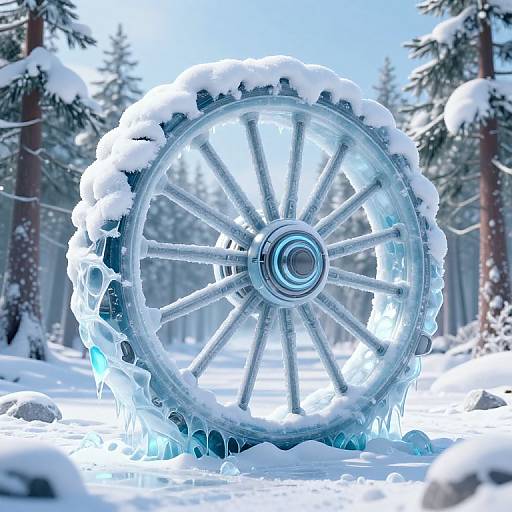 Photorealistic CGI of a large, icy wheel covered in snow and ice, set in a snow-covered forest with tall, snow-laden pine trees
