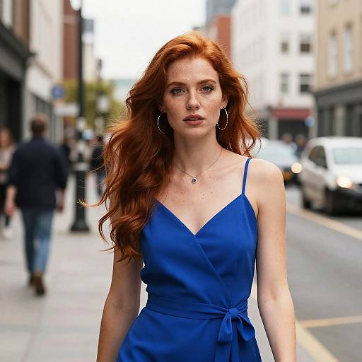 Redhead Woman in Blue Dress on City Street