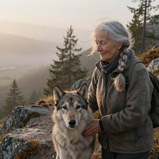 Elderly Woman with Norwegian Elkhound on Mountain Ridge