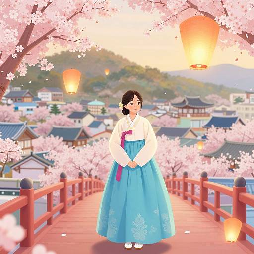 Korean Hanbok Beauty on Cherry Blossom Bridge