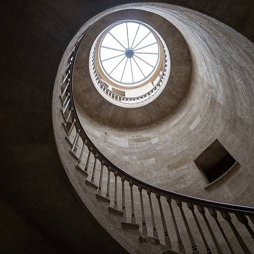 Photograph of a spiraling stone staircase with a circular skylight at the top, creating a dramatic, symmetrical pattern.