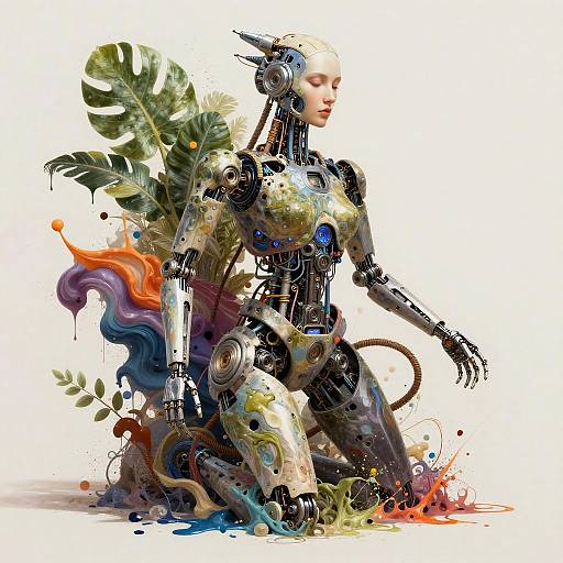 Digital art of a kneeling, humanoid robot with metallic parts, colorful paint splatters, and leafy elements blending into organic shapes.