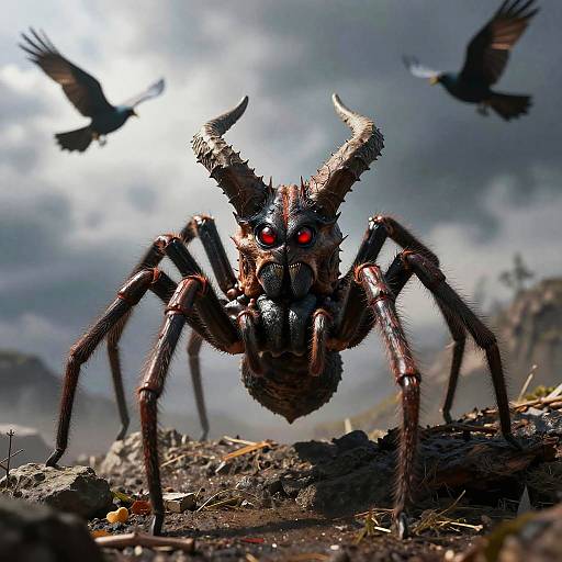 CGI image of a menacing, horned, red-eyed spider with spiked legs, standing on rocky ground, with two black birds flying in the fog