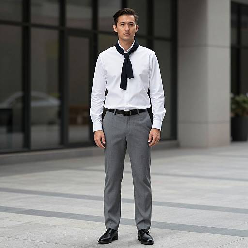 Photograph of a serious-looking man in a white dress shirt, black tie, gray pants, and black shoes, standing in front of a modern glass