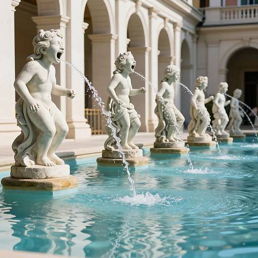 Sunlit Statues Spilling Water Streams