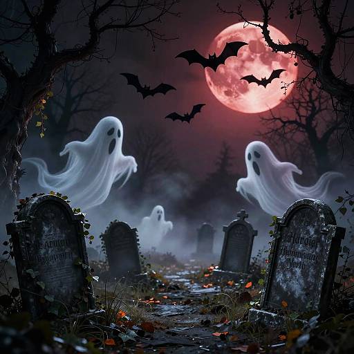 Spooky graveyard at night with glowing red moon, floating white ghosts, black bats, and eerie tombstones covered in moss.