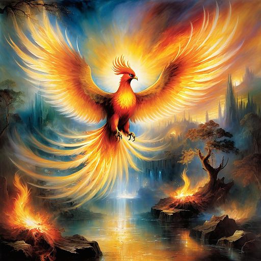 Fantasy Phoenix in Luminous Forest Scene Fantasy Phoenix in Luminous Forest Scene