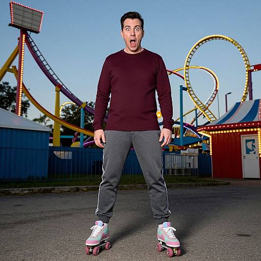 Photograph of a surprised man in a black sweater and gray pants, rollerblading in a brightly lit amusement park at dusk.