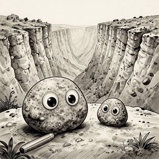 Black-and-white ink drawing of two large, round, spotted rocks with googly eyes standing in a desert canyon landscape with towering cliffs. A cylindrical object