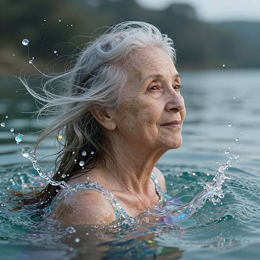 Photograph of an elderly woman with white hair, smiling in a lake, water splashing around her head, wearing a strapless top.