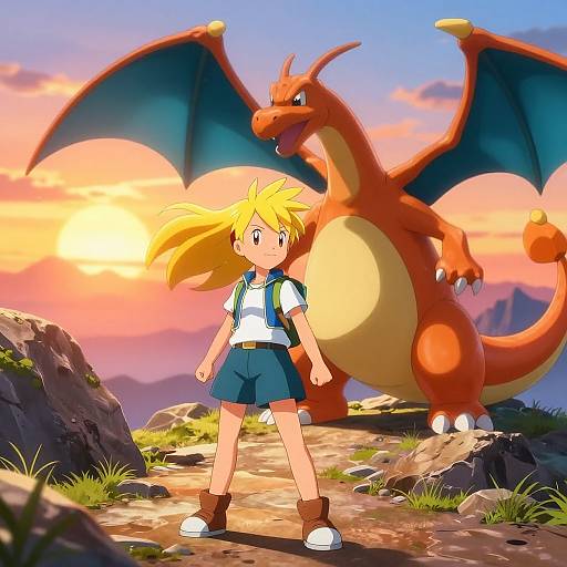 Digital anime-style drawing of a blonde, blue-skirted boy with a white shirt and backpack standing confidently in front of a large, orange Charizard