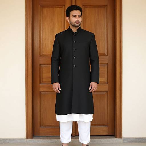 Man in White Shalwar Kameez with Black Coat