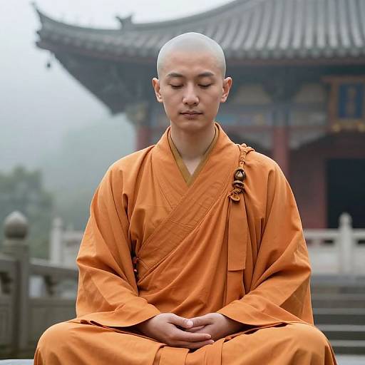 Photograph of a serene young male Buddhist monk with shaved head, closed eyes, and orange robe, seated cross-legged in front of traditional Chinese temple.