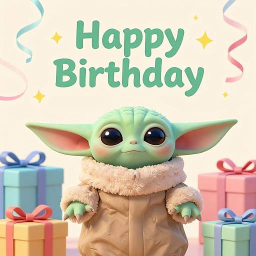 Digital art of cute green Gungan-like creature with large ears and big eyes, wearing a fluffy scarf, surrounded by colorful gift boxes, with 