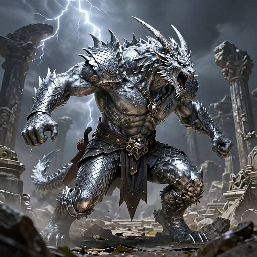 Digital illustration of a muscular, silver-scaled dragon-man warrior with glowing white spikes, standing in a ruined, lightning-struck ancient temple.