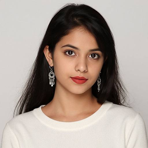 Photograph of a young South Asian woman with long black hair, fair skin, red lipstick, wearing white sweater and ornate silver earrings, against a