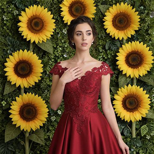 Elegant Woman in Red Gown with Sunflowers