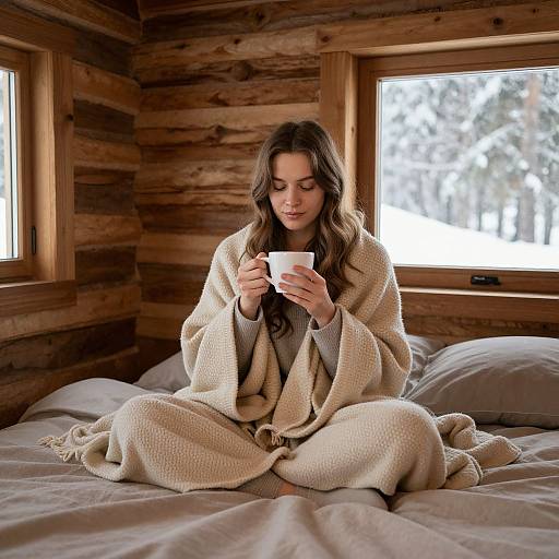 Photograph of a woman with wavy brown hair, wrapped in a beige knit blanket, sitting cross-legged on a bed, holding a white mug,