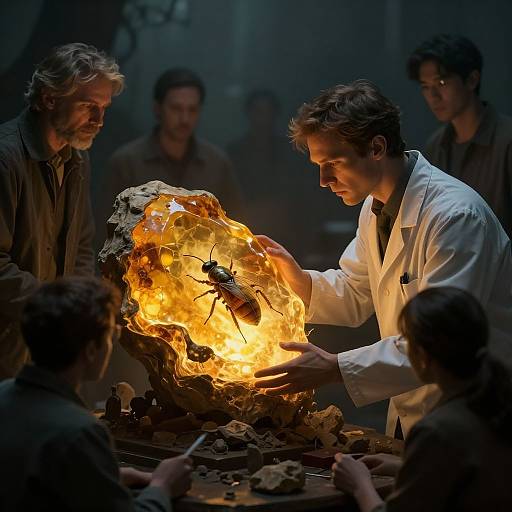 Photograph of a scientist in a white lab coat holding a flaming, rock-like object, with a bee inside, surrounded by curious onlookers in