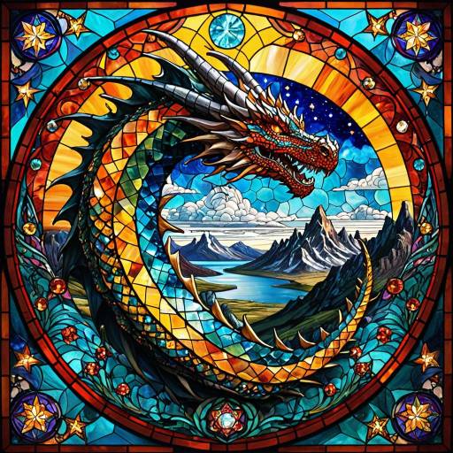 Stained Glass Jeweled Dragon Landscape