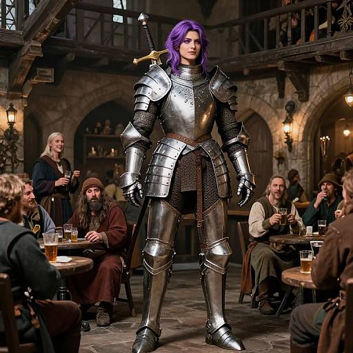 Photograph of a purple-haired woman in shiny medieval armor standing in a dimly-lit, rustic tavern with patrons seated around wooden tables.