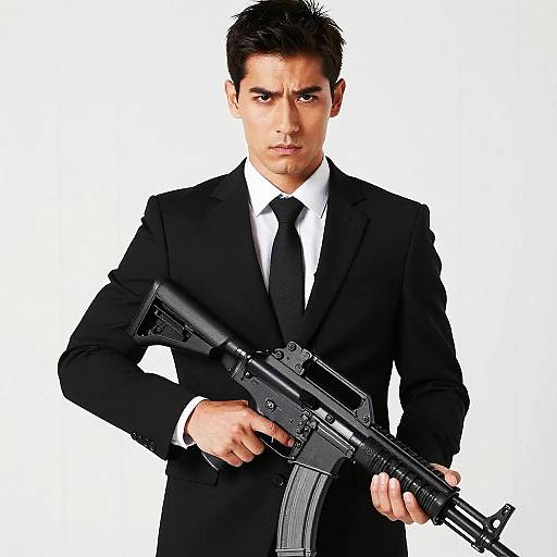 Man in Black Suit Holding Rifle