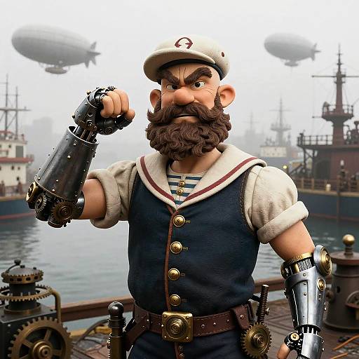 CGI image of a muscular, bearded Mario with mechanical arm and leg, flexing in a steampunk shipyard with foggy background.