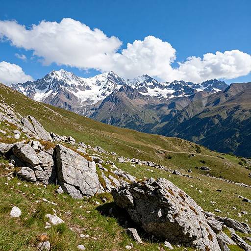 Photograph of a mountainous landscape with snow-capped peaks, clear blue sky, white clouds, green grassy slopes, and scattered rocky outc