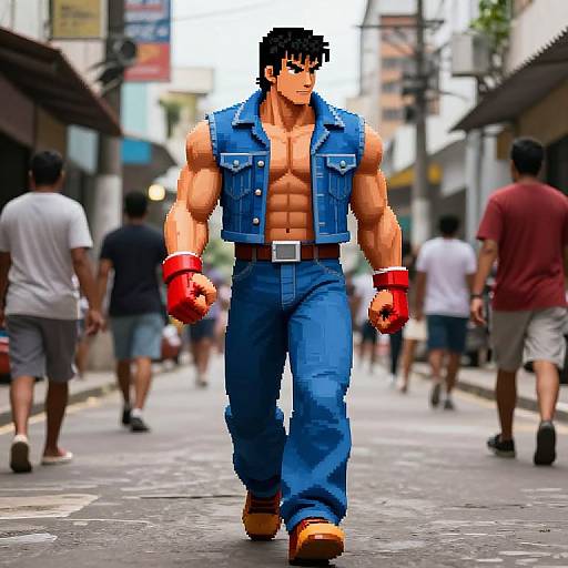 Pixel art of muscular, shirtless man in blue vest, jeans, red gloves, walking down busy urban street with blurred pedestrians.