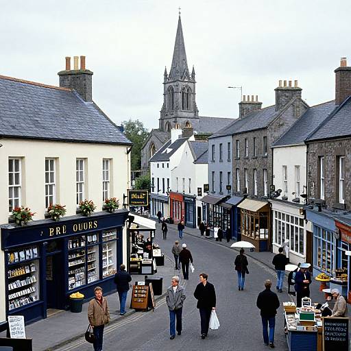 Photograph of a quaint, bustling English village street with stone buildings, a church steeple, people shopping, and signs for 