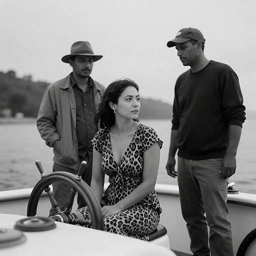 Black-and-White Portrait of Three People on Boat