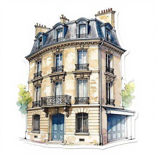 Colorful, detailed watercolor drawing of a classic French-style, three-story townhouse with ornate balconies, arched windows, and a slate