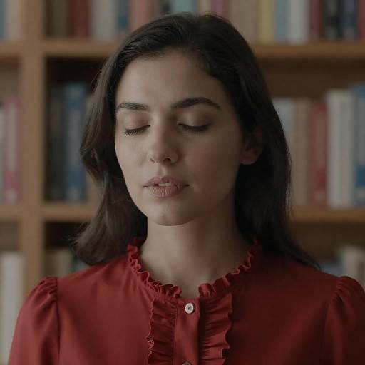 Elegant Woman in Ruffled Red Blouse