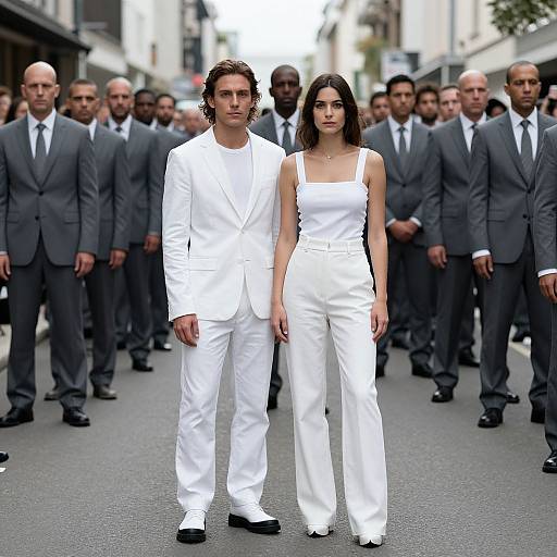 Photograph of a tall, slim man and woman in white suits standing center, surrounded by a crowd of men in gray suits on a city street.