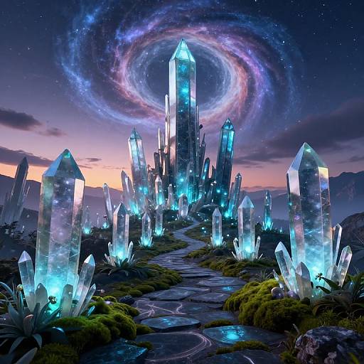 Digital fantasy artwork: Glowing blue crystal spires surround a towering crystal tower, under a swirling galaxy, with a winding path through mossy terrain at
